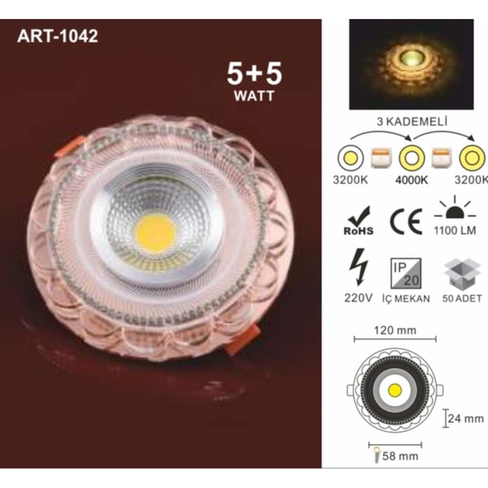 ART-1042 5+5WATT 3 KADEMELİ DEKORATİF LEDLİ CAM SPOT AYDINLATMA