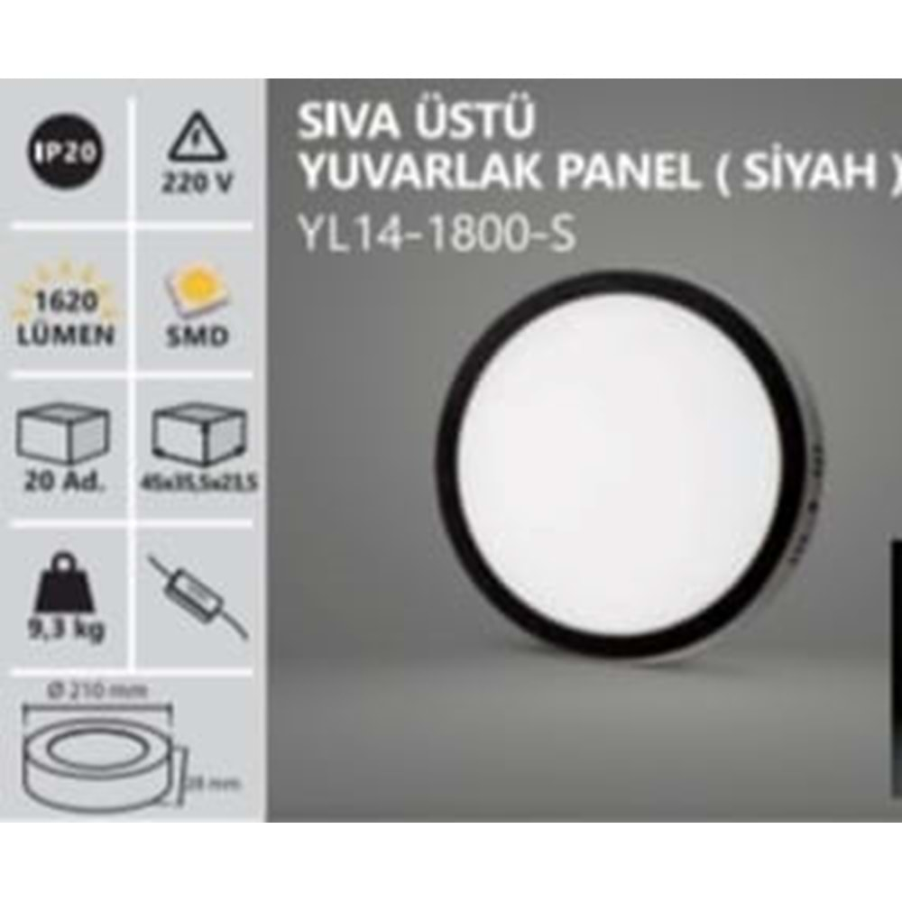 NOAS YL14-1800-S SIVA ÜSTÜ YUVARLAK PANEL (SİYAH) 18W 6500K