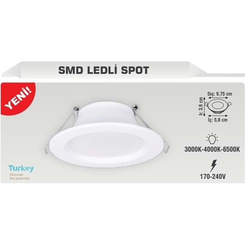 KLS923 6W BEYAZ KASA 6500K SMD LEDLİ SPOT